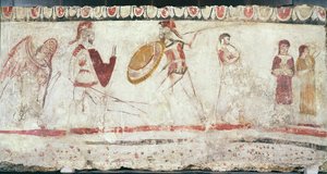 Guerreiros, luta, detalhe, de, um, túmulo, câmara, 330-320, bc